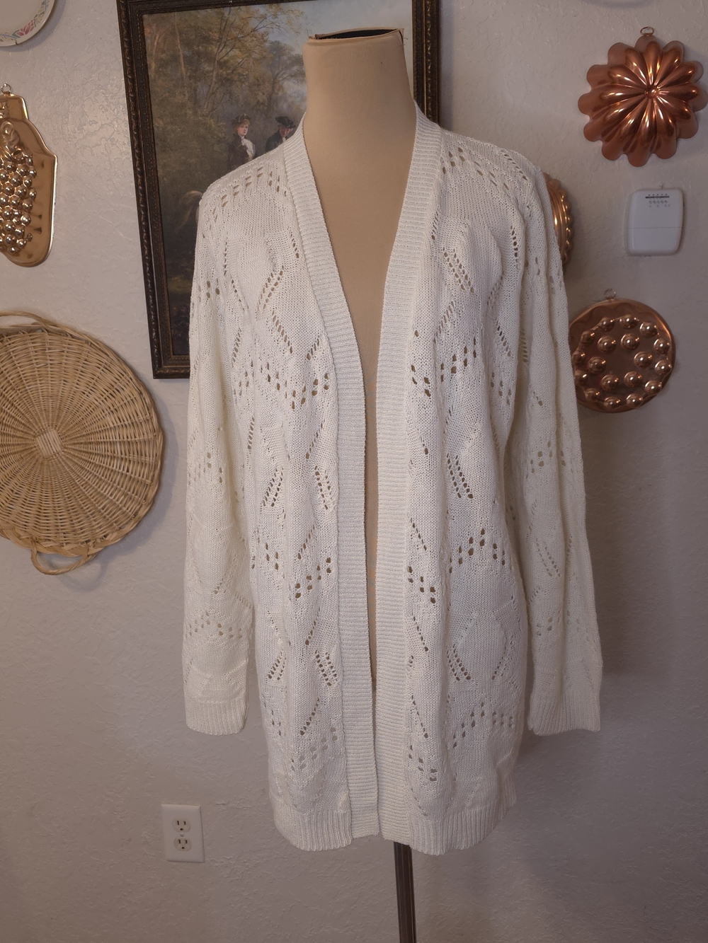 Alexis Taylor New York Ivory Open Knit Long Cardigan Sweater Cottagecore Boho